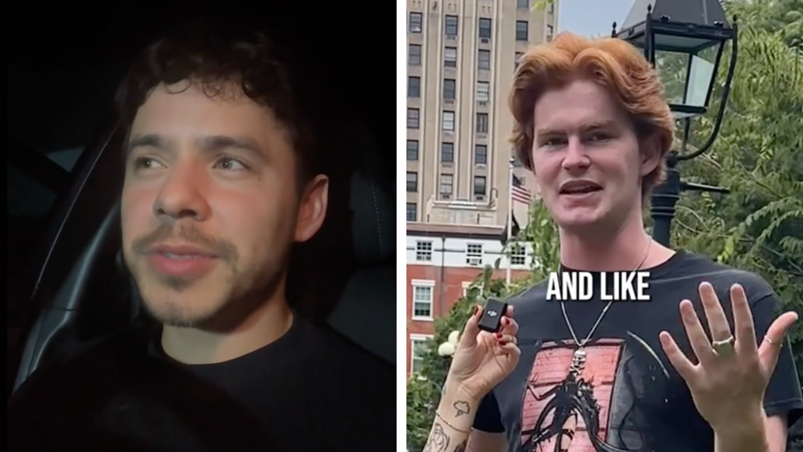 Two panel image: On the left, David Archuleta looks off camera as he sits recording himself in his car. He has scruffy facial hair and the lighting is dark. On the right, a red haired boy stands in Washington Square Park, talking to a TikTok interview. He wears a feather necklace and Lady Gaga Chromatica shirt. He is gesturing for emphasis and has rings on his middle finger and thumb.