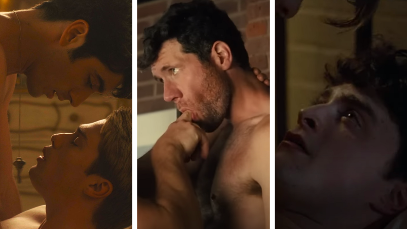 Three panel image. On the left, Taylor Zakhar Perez lays above Nicholas Galitzine naked as the two close their eyes and have sex in 'Red, White, and Royal Blue.' In the center, Billy Eichner jokingly sucks Luke Macfarlanes finger as the two wrestle shirtless in an exposed brick apartment in 'Bros.' On the right, Daniel Radcliffe lays on his back and looks up into a man's eyes in a scene from 'Kill Your Darlings.'