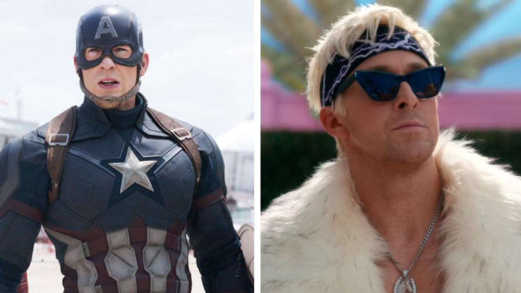 Two-panel image. On the left, Chris Evans as Captain America stands in his full uniform with an "A" emblazoned on his navy blue helmet, and a star in on his chest. He stands outdoors against a gray, blue sky. On the right, Ryan Gosling as Ken from 'Barbie.' His bleach blonde hair hangs over a bandana around his forehead. He wears sunglasses, a large horse necklace, and a giant fur coat over his shoulders with no shirt underneath.