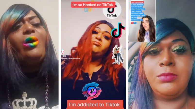 Three panel image. On the left, TikTok user Teresa Smith sings with her lips painted the colors of the rainbow. In the middle, she dances around TikTok logos in a video about being addicted to TikTok. On the right, she waits to sing in a video, wearing pink lipstick, yellow sparkling eye shadow, and rainbow colored hair. 
