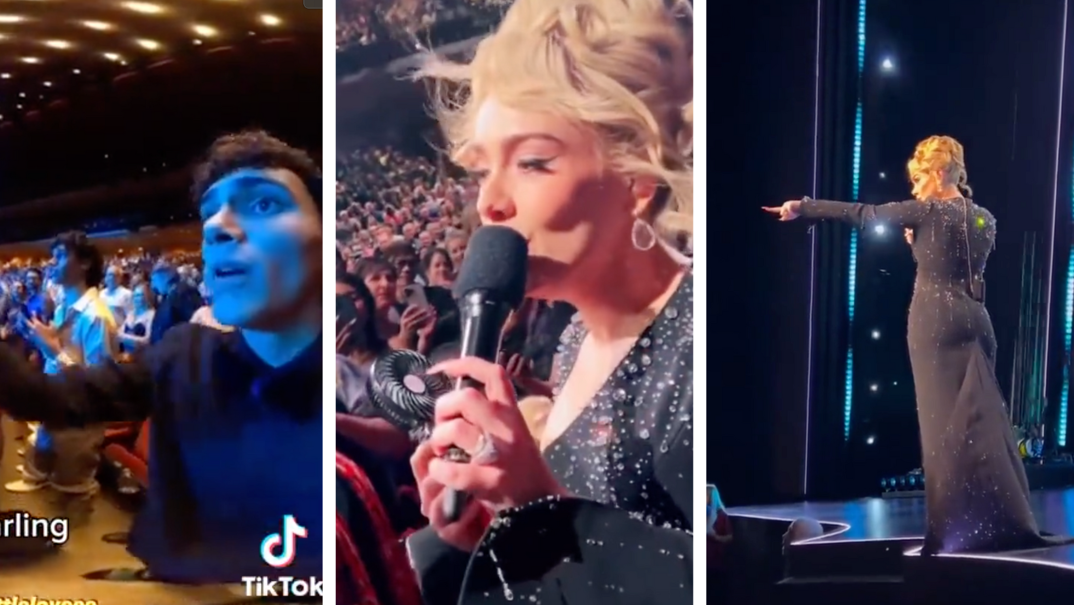Three panel image: On the far left, a young man wearing a black button down shirt holds his hand out towards Adele in the crowd at her concert in a TikTok screenshot. In the middle, Adele, with a beehive hairdo and large earrings, stands in the crowd and sings to a fan. On the far right, Adele, in a long black gown, points out security from the stage while holding a microphone.