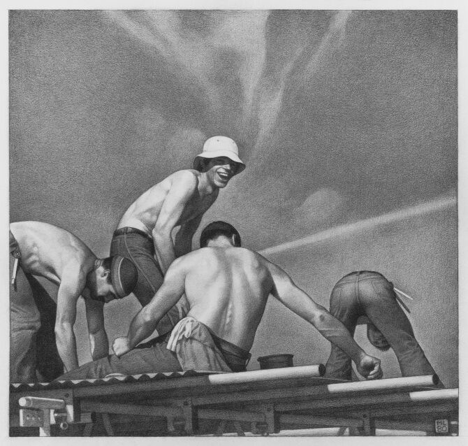 Construction workers in a pencil drawing by Michael Leonard