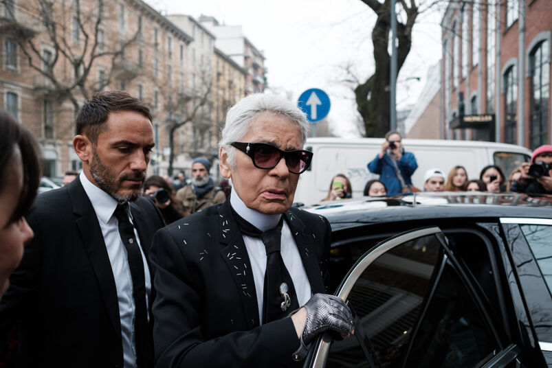 Karl Otto Lagerfeld at the entrance of the Fendi's showroom to attend the Fendi fashion show during the Milan Fashion Week.