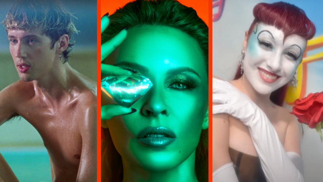 Three panel image. On the left: Troye Sivan sits naked next to a pool dripping wet. He has bleach blonde hair over dark roots and looks on pensively. In the middle, Kylie Minogue looks mysterious holding up a diamond to her eye in front of an orange background on the 'Tension' album cover. On the right, Chappell Roan wears white face makeup and alien-looking eyebrows with red hair. She poses with a rose in and white gloves in front of an airbrushed backdrop.