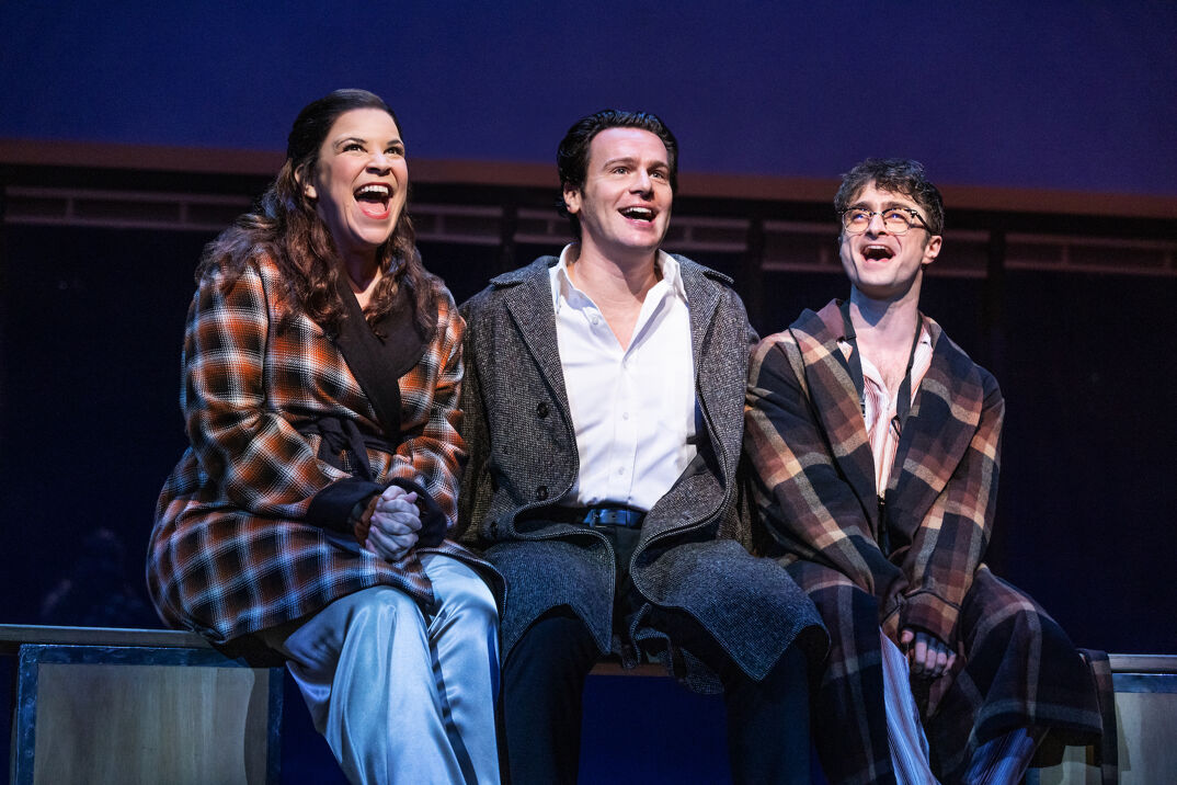 (from left) Lindsay Mendez, Jonathan Groff, and Daniel Radcliffe in "Merrily We Roll Along."