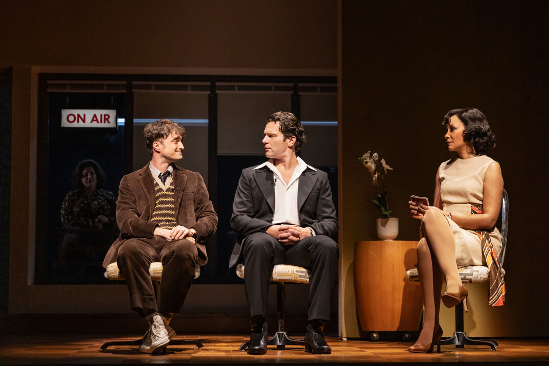 (from left) Daniel Radcliffe, Jonathan Groff, and Natalie Wachen in "Merrily We Roll Along."