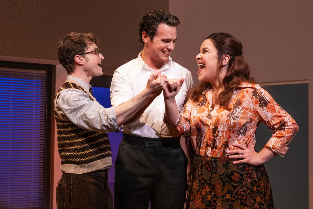 (from left) Daniel Radcliffe, Jonathan Groff, and Lindsay Mendez in "Merrily We Roll Along."