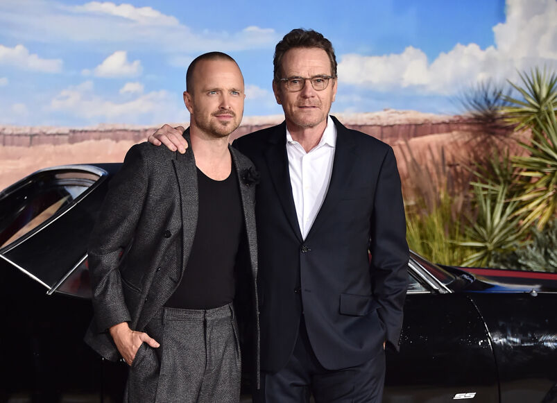 Bryan Cranston homophobic: Aaron Paul and Bryan Cranston arrives to the Netflix premiere of "El Camino: A Breaking Bad Movie" Premiere on OCT 07, 2019 in Hollywood, CA