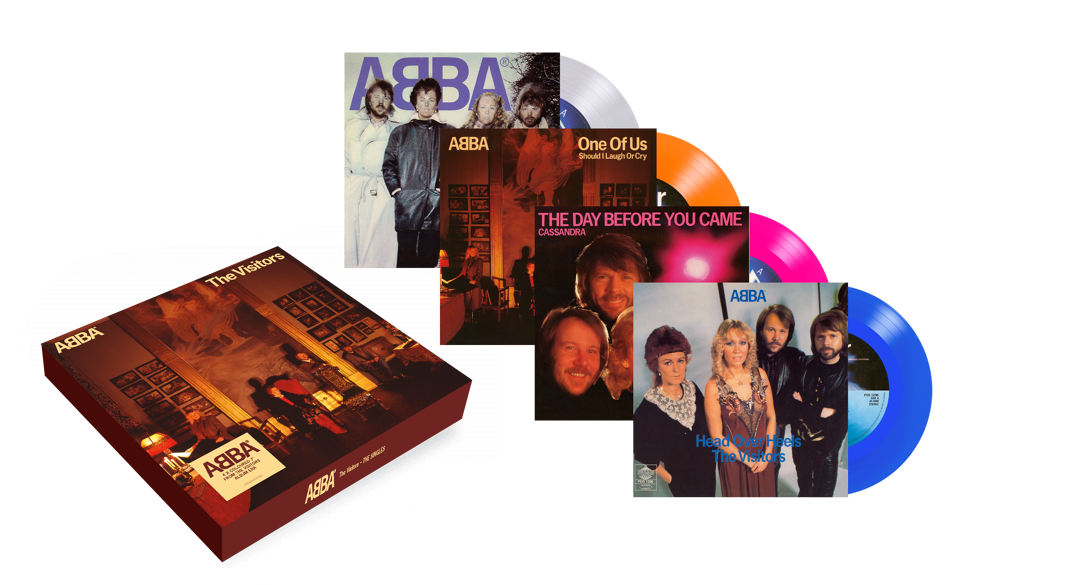 The vinyl box cover for ABBA's 'The Visitor' lays in the foreground, while the silver, orange, pink, and blue vinyl discs are pictured behind it next to their respective single album artwork.