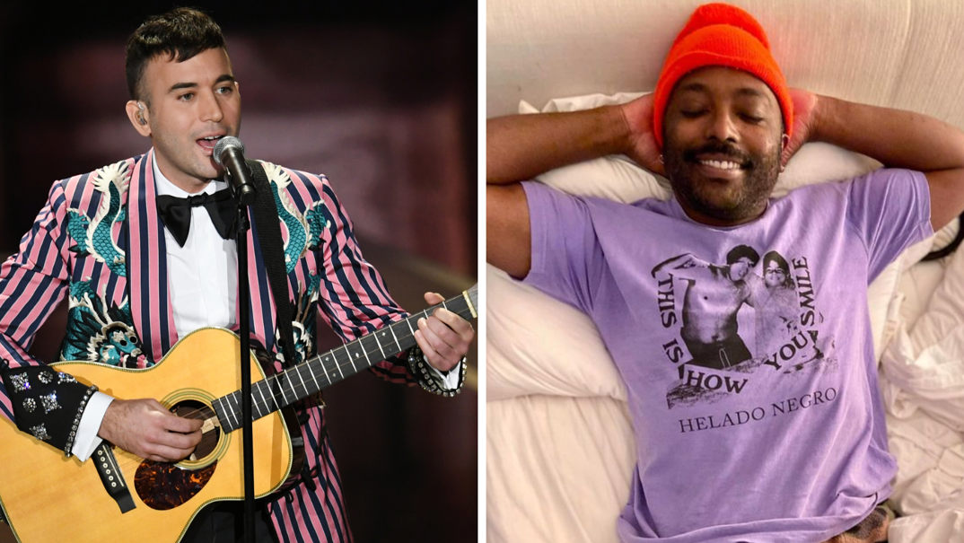 Two-panel image. On the left, Sufjan Stevens wear a black bow-tie, white dress shirt, and a pink and black striped suit jacket featuring turquoise tails. He stands behind a microphone and plays acoustic guitar. On the right, his late partner Evans Richardson lays in a bed smiling with his eyes closed and hands behind his head. He wears an orange beanie and purple shirt.