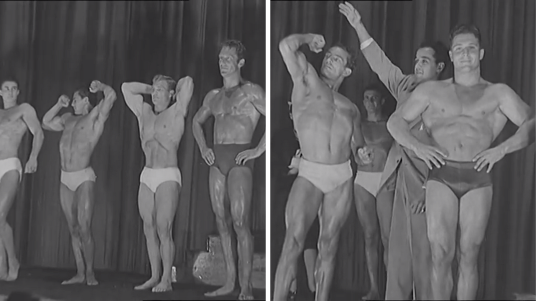Two panel image. Footage from a 1941 bodybuilding competition in San Francisco. On the left, three men in white briefs flex with their biceps over their head. One man stands in black briefs poses with his hands on his hips. On the right, one man flexs with his right bicep high in the air while the announcer stands next to him in a suit, declaring him the winner. On the right, a man stands with his hands on hips flexing.