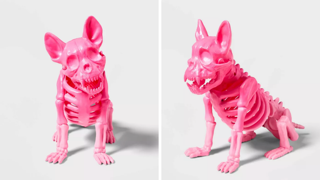 Two panel image. On the left, a pink ombre plastic French bulldog skeleton head-on with its head cocked to the left. On the right, the same decorate from a profile view.
