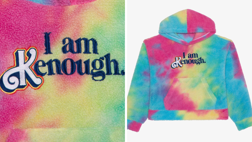 Two panel image. On the left, a closeup of "I am Kenough" with a K in the Barbie font over a tie dye background. On the right, the same design zoomed out to show it's placement on a hooded sweatshirt with a pocket in the middle.