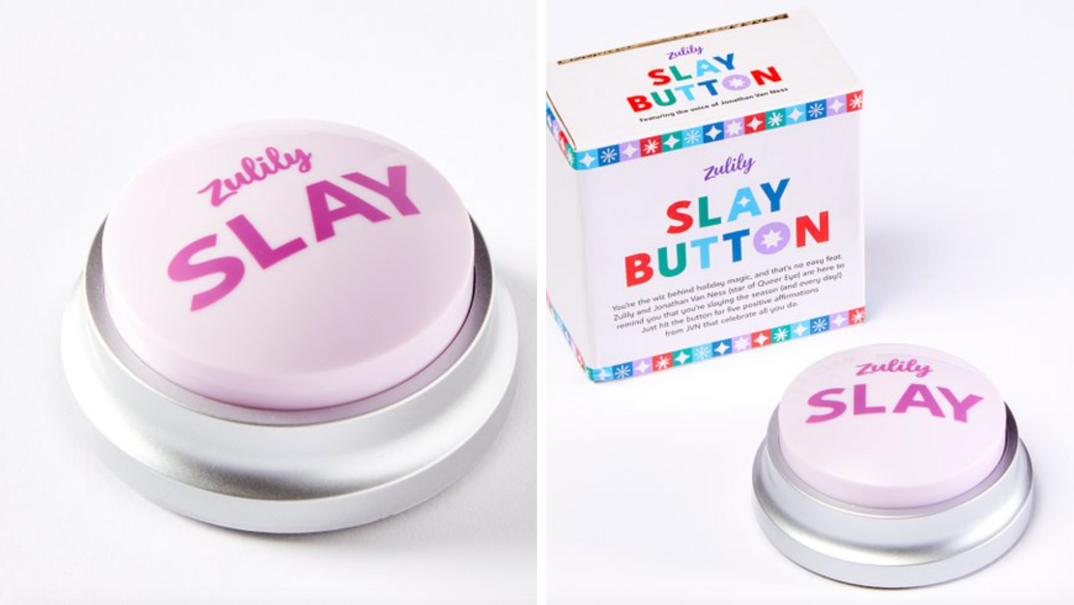 Two panel image. On the left, a white button that says "Zulily SLAY" in pink text. On the right, the same button juxtaposed next to its white packaging decorated in seasonal clipart.