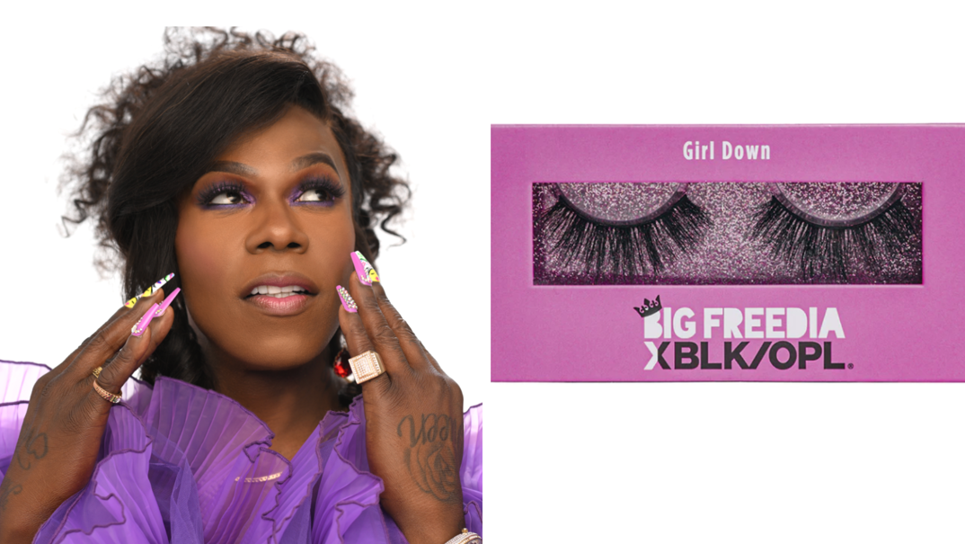 Two panel image. On the left, Big Freedia looks up smiling wearing long pink and yellow nails, a luxurious ring on her left pinky, and a fluffy purple gown. She wears purple eyeshadow and pink lipstick. On the right, the packaging for Big Freedia's "Girl Down Lashes," featuring fake eyelashes over a purple glittery background and "Big Freedia x BLK/OPL" in text.