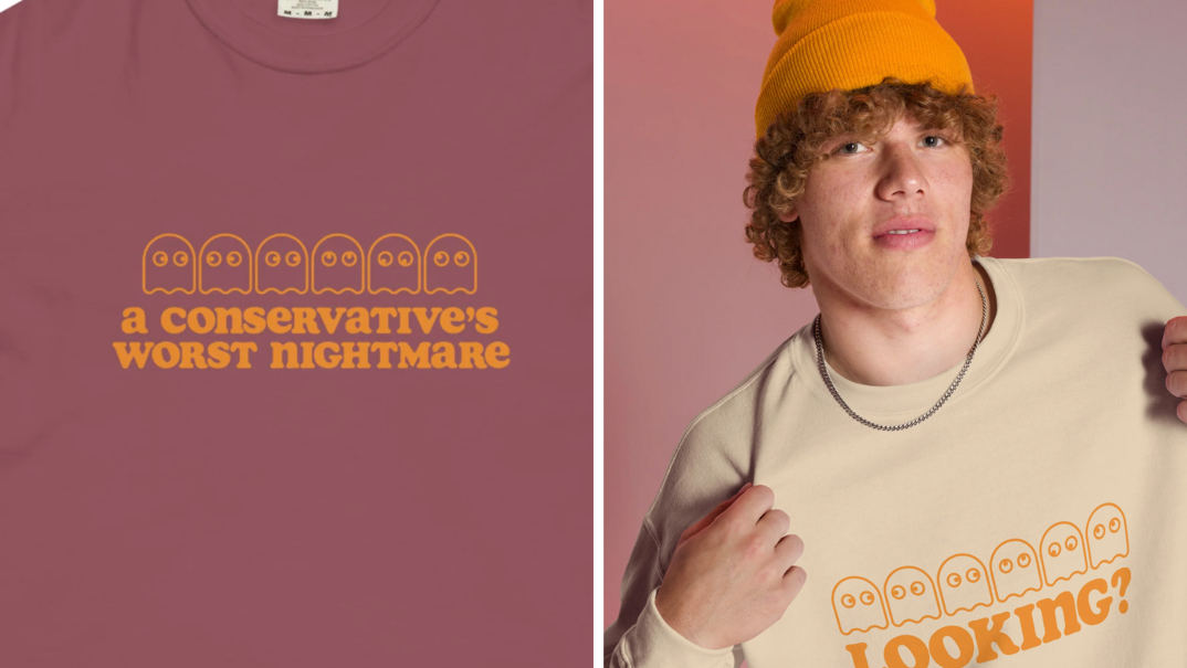 Two panel image. On the left, a maroon colored shirt zoomed in to reveal its orange text, which reads "A conservative's worst nightmare" underneath a line of animated ghosts. On the right, a red haired man wearing an orange beanie and necklace smiles while wearing a tan sweatshirt that says "Looking" with ghosts.