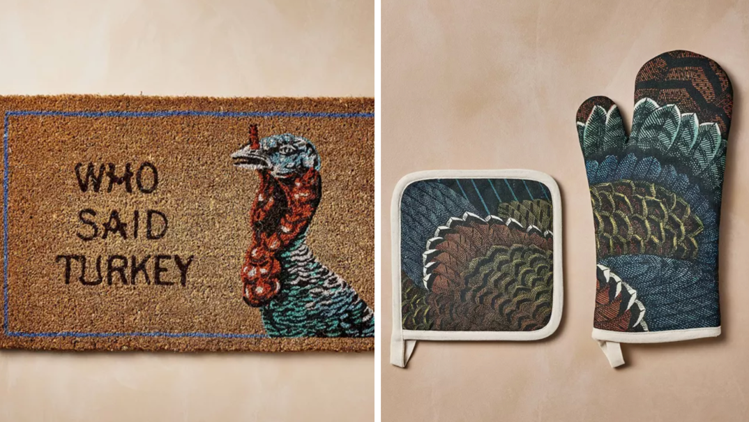 Two panel image. On the left, a brown doormat lays over a tan background. On the doormat, it says "Who Said Turkey" next to a handdrawn turkey illustration with a blue trim around the two. On the right, a pot holder sits to the left of an oven mitt on a tan background. Both have white trim and are decorated with a hand drawn turkey feather illustration. 