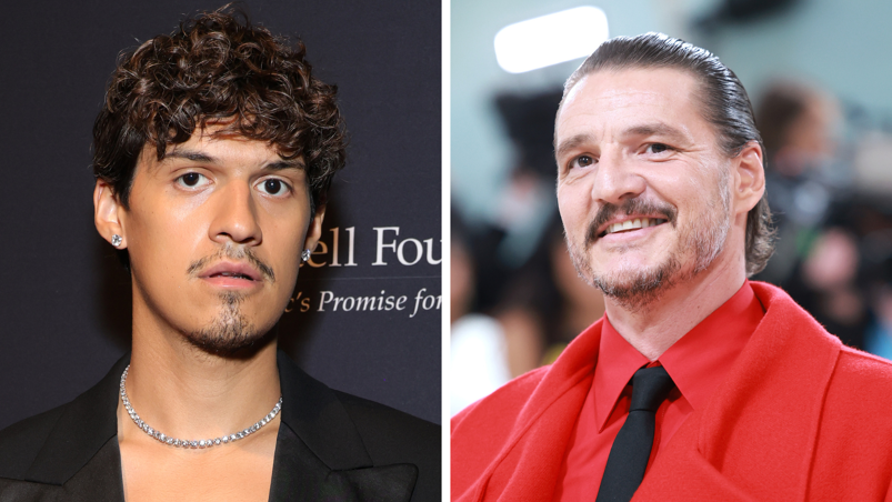 Two panel image. On the left, Omar Apollo, wearing a black blazer and a tight diamond necklace, stands in front of a black step and repeat looking into the camera with his mouth open. He has a mustache and goatee and wears earrings. On the right, Pedro Pascal looks off smiling with his hair slicked back. He wears a red dress shirt, red blazer, and a black tie.