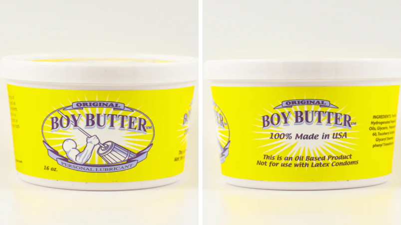 Two-panel image. On the left, a yellow tub that looks like a butter tub sits ontop of an off-white background. The label reads "Original Boy Butter, Personal Lubricant" under an illustration of a muscled arm. On the right, the same tub is turned to reveal its label also reads "Original Boy Butter. 100% Made in USA. This is an oil based product. Not for used with latex condoms."