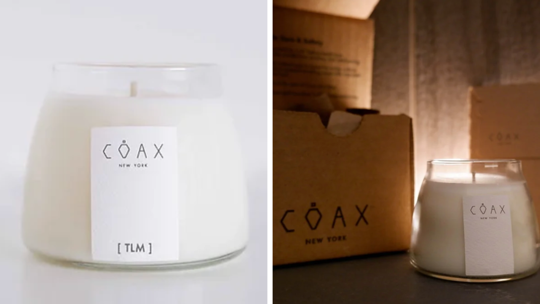 Two-panel image. On the left, a white candle in a glass jar sits unlit. The label reads : "COAX NEW YORK / TLM." On the right, the same candle sits on a gray table surrounded by cardboard boxes bearing "COAX NEW YORK."