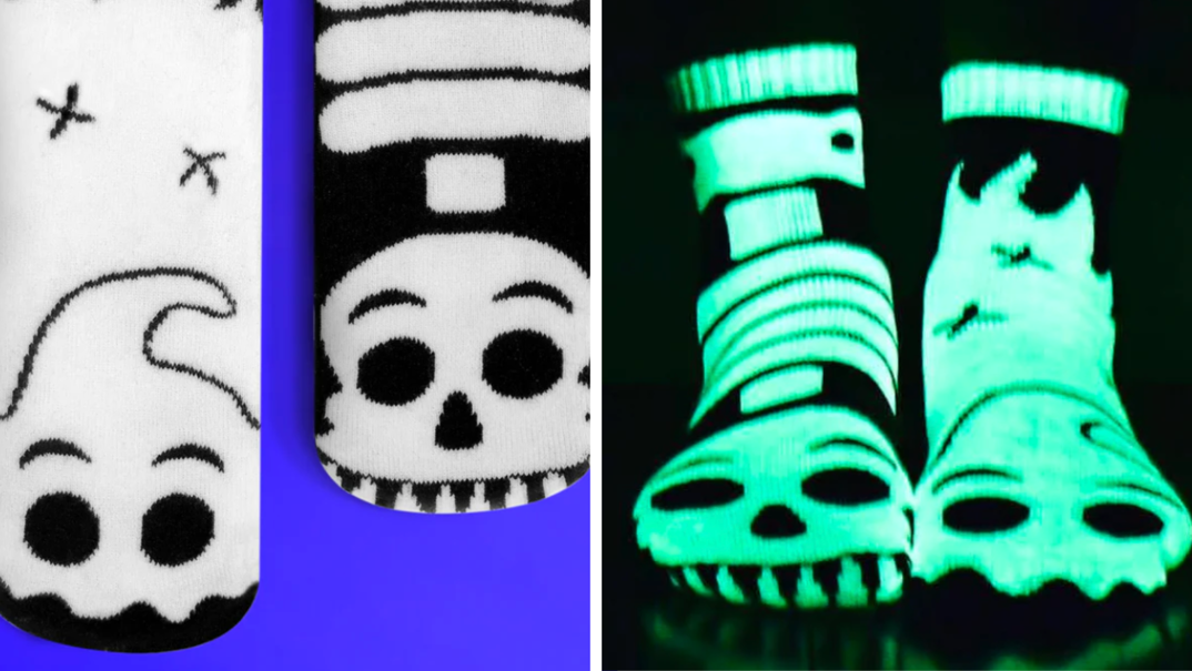 Two-panel image. On the right, two socks, one featuring a ghost around the toes and the other featuring a skeleton, sit over a blue background. On the right, the same socks are pictured on feet in the darkness to reveal they glow in the dark.