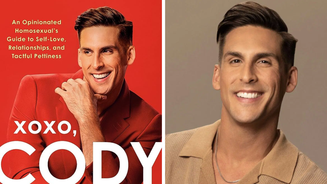 Two-panel image. On the left, Cody Rigsby wears a red blazer in front of a read background smiling with his hand on his chin for the "XOXO Cody" book cover. The image also reads "An Opinionated Homosexual's Guide to Self-Love, Relationships, and Tactful Pettiness." On the right, Cody smiles in a closeup image in front of a tan background. He wears a tan blazer and thin necklace. 