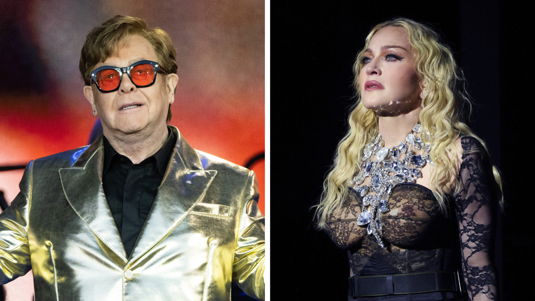 Two-panel image. On the left, Elton John, wearing a shining golden blazer over a black dress shirt and orange sunglasses, stands on stage in front of an orange and red background. On the right, Madonna stands on stage with long curled blonde hair in a black lace dress with a large jeweled necklace reflecting on her face.