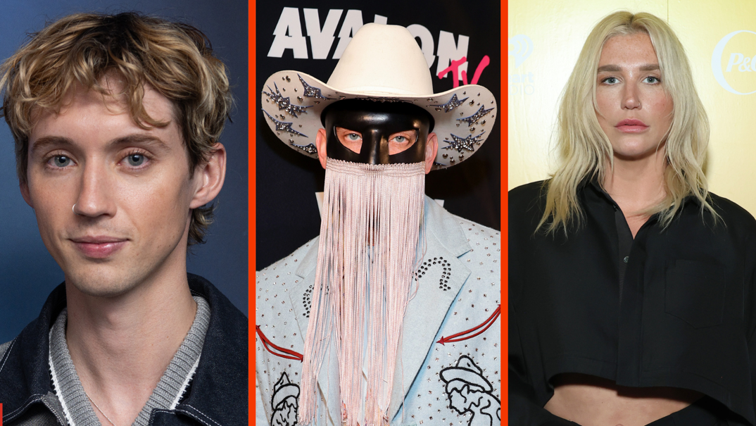 Three-panel image. On the left, Troye Sivan with bleached tips and scraggly bangs looks into the camera with his lips pursed in front of a blue background. He has a nose ring and wears a denim jacket over a gray V-neck sweater. In the middle, Orville Peck poses in front of a black Avalon TV step-and-repeat. He wears a white cowboy hat adorned with sparkling stars under the brim and a black mask covering his eyes and falling into long, light pink strands over the rest of his face. He is in a white blazer with men in cowboy hats embroidered on it. On the right, Kesha, with bleach blonde hair, stands in front of a yellow step-and-repeat and looks into the camera. She wears a black long sleeved top that's cut off to reveal her midriff.