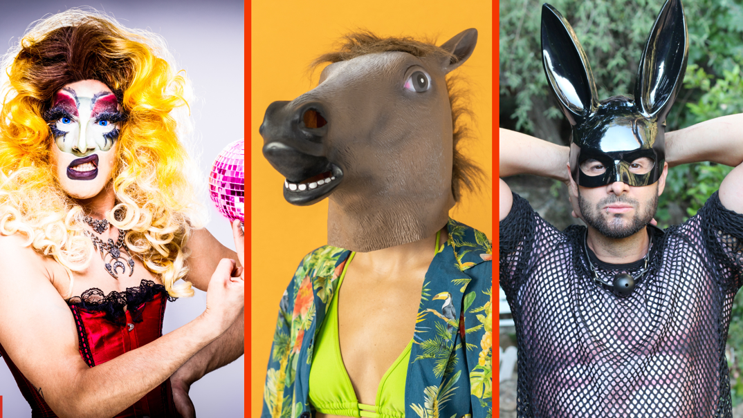 Three-panel image. On the far left, a drag queen with white face-paint, black lipstick, and a blonde wig stands with her hands on her hips in a red dress. She holds a pink disco ball in her right hand. In the middle, a woman in a green bikini and Hawaiian shirt stands in front of an orange background with a horse mask on. On the far right, a muscular man stands with his hands behind his head. He wears a mesh shirt revealing his chest, a black face mask, and black bunny ears.