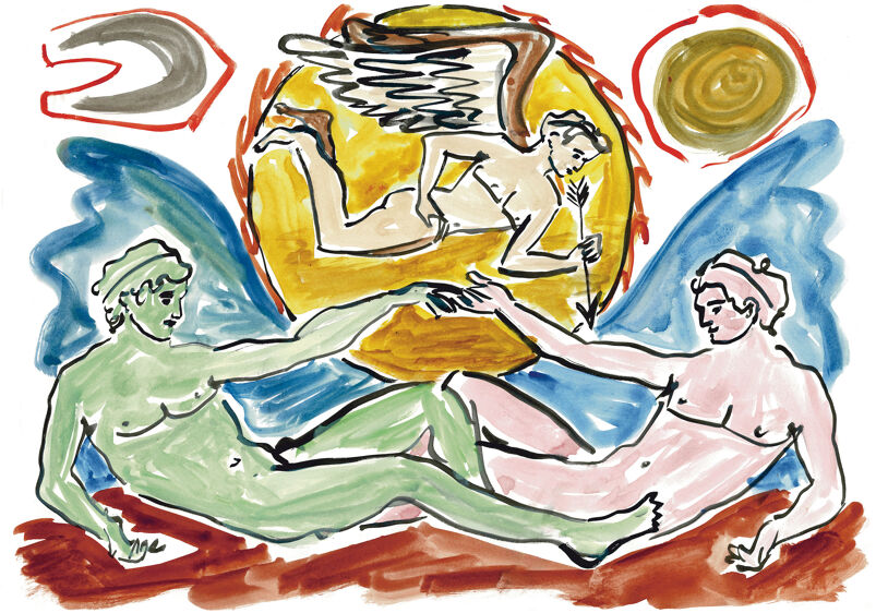 An illustration of Aristophanes' intepretation of love featuring two men and Eros from "300,000 Kisses."