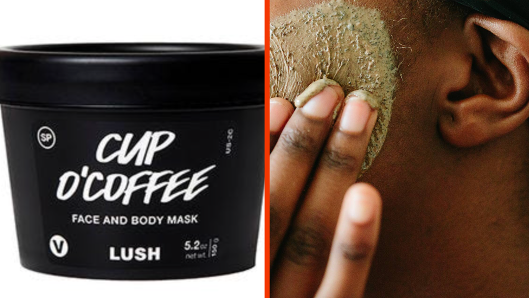 Two-panel image. On the left, a black canister reads "Cup O' Coffee Face and Body Mask by Lush." On the right, a closeup of a person scrubbing the brown coffee scrub against their cheek using their fingers. Only their cheek, hand, and left ear are visible in the frame.