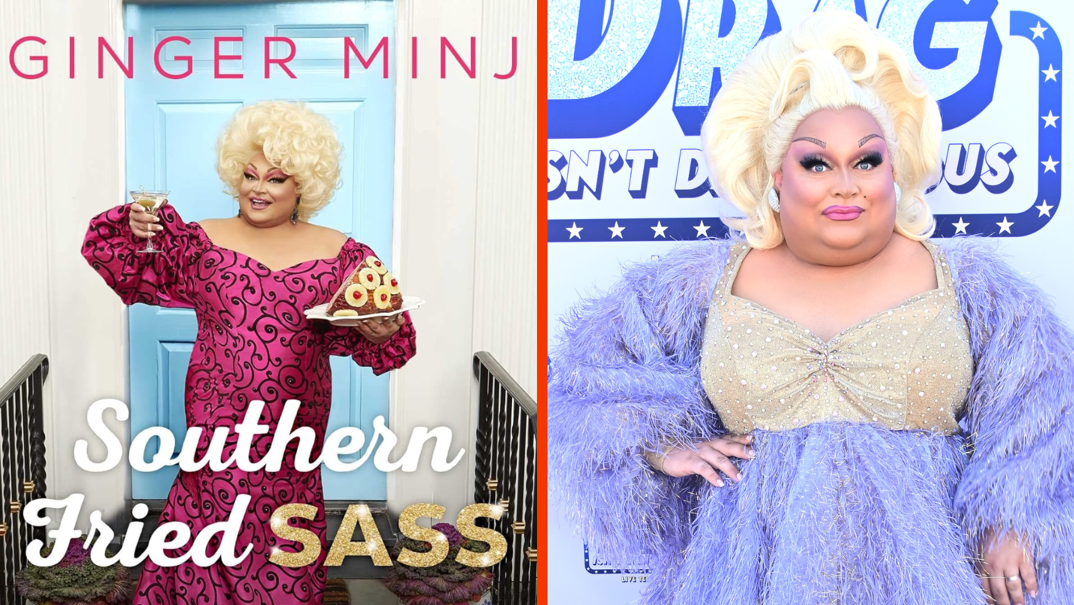 Two-panel image. On the left, drag queen Ginger Minj stands in a long purple gown in front of a purple doorway. She wears a curly blonde wig and holds a ham covered in pineapple on a plate and a martini glass. The image reads "Ginger Minj" and "Southern Fried Sass." On the right, Ginger Minj stands smirking on the red carpet in a fuzzy purple skirt and jacket. She wears a different curly blonde wig and pink eyeshadow and lipstick. 