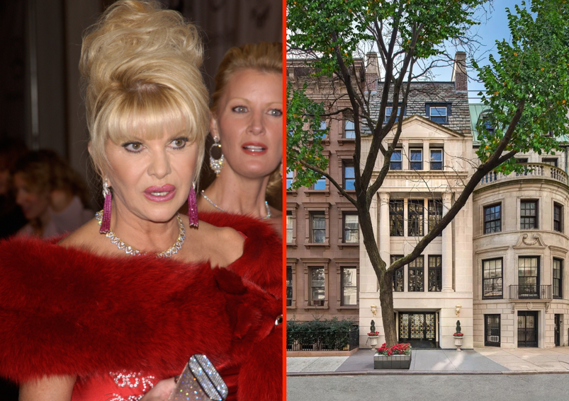 Side by side image of Ivana Trump in a furry red dress and her NYC townhouse