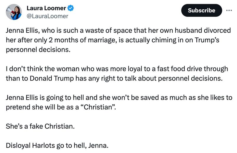 A Laura Loomer tweet about Jenna Ellis