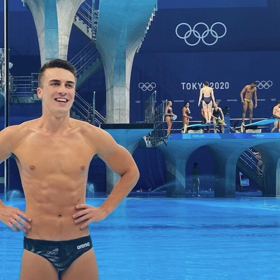 Olympic diver Anton Down-Jenkins turns in his swim trunks, but luckily for us, he’s staying near the pool