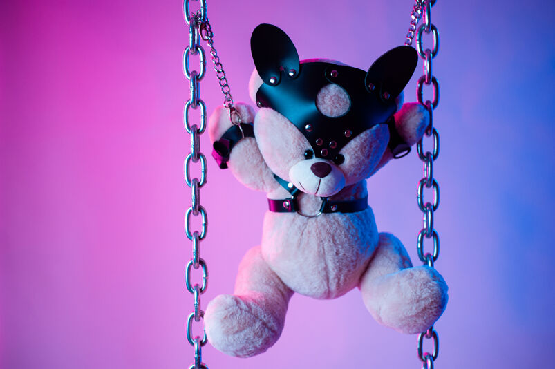 A teddy bear tied in chairs wearing a leather bunny mask and leather harness.