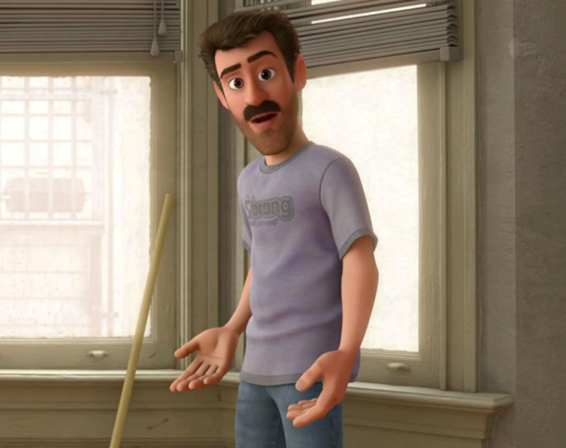 The dad from Inside Out has a mustache and wear a grey shirt.