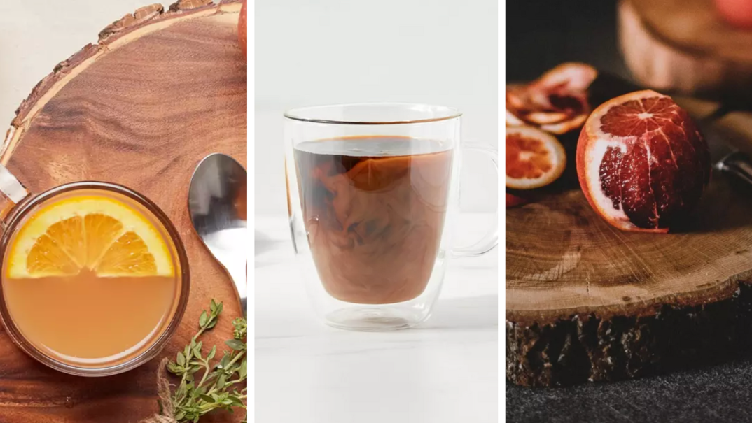 Three-panel image. On the far left, a wooden serving board from a bird's eye view. A spoon lays on top of it next to a glass mug, filled with cider and an orange slice. In the middle, the same glass cup is pictured straight on with a coffee mixture swirling inside. On the far right, the same wooden board is shown from a straight-on angle with a peeled blood orange and knife sitting on its surface.