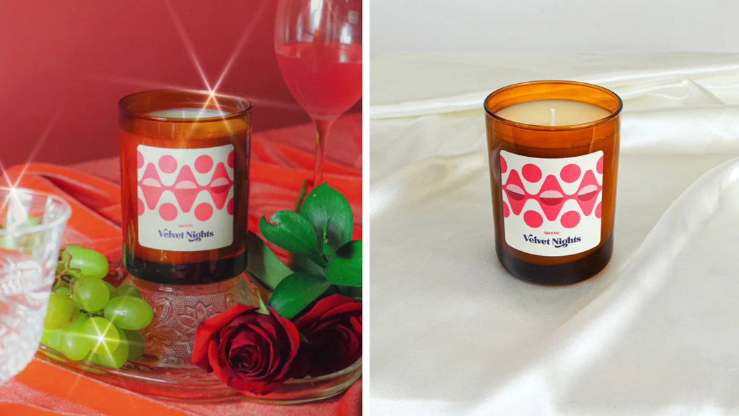 Two-panel image. On the left, a candle in a sepia toned cylinder sits on a glass dish next to roses and green grapes in front of a red background. The cylinder has a label that reads "Velvet Nights" with pink swirls. On the right, the same candle sits on a white sheet with an unlit wick.
