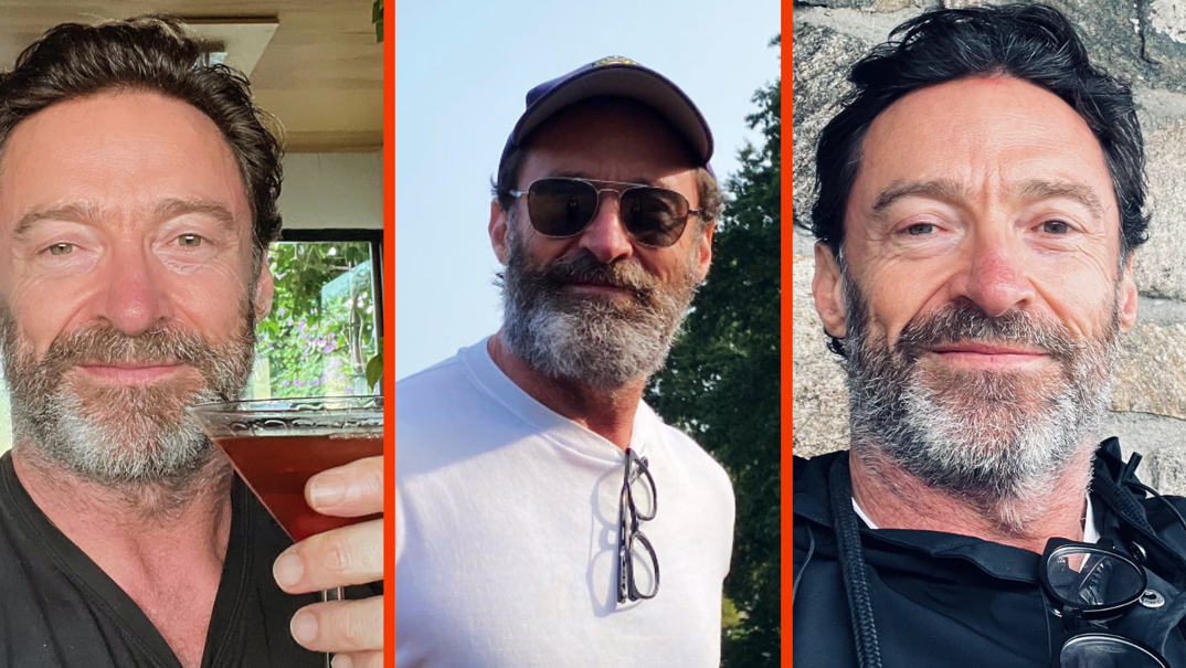 Three panel image. On the far left, Hugh Jackman holds up a Manhattan in a martini glass wearing a gray V-neck t-shirt. In the middle, Jackman stands wearing sunglasses and a baseball hat and white t-shirt. A pair of reading glasses hang from his collar as he looks off pensively in Central Park. On the far right, Jackman sits in front of a brick wall smiling and looking into his phone camera with a pair of reading glasses hanging off his collar.