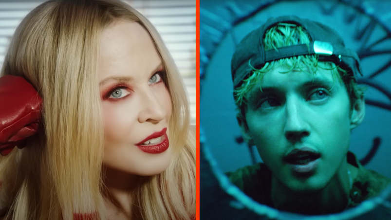 Two-panel image. On the left, Kylie Minogue with long blonde hair, red lipstick, and red eye shadow looks up dreamily with her head resting on her red gloved hand in the "Padam Padam" music video. On the right, Troye Sivan looks through a glory hole in the "Rush" music video. He has greasy blonde hair and wears a backwards baseball cap. 