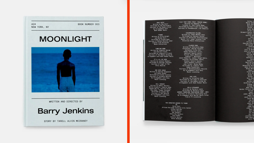 Two-panel image. On the left, a white hardcover book pictured from birds-eye view. "Moonlight" and "Written and Directed by Barry Jenkins" are printed in black text, underneath a still of a Black boy in white shorts standing in front of a blue ocean from the film 'Moonlight.' On the right, the book is open to reveal black pages printed with white text for the script, indistinguishable from the zoomed out view.