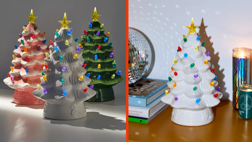 Two-panel image. On the left, three ceramic 12-inch tall Christmas trees are pictured with colorful lights and yellow stars atop. The left tree is pink, the middle tree is white, and the right tree is green. On the right, the white Christmas tree is pictured on a brown table next to a stack of nondescript books, a disco ball, and blue candles.