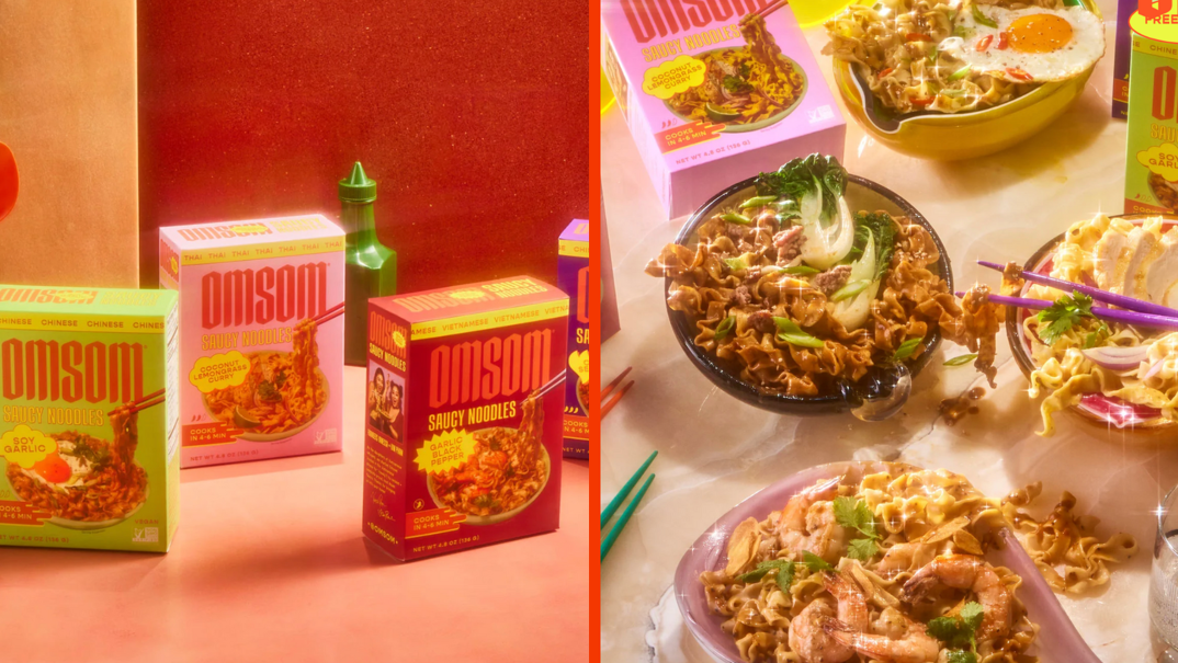 Two-panel image. On the right, three cardboard boxes are pictured on a pink countertop. The boxes, left-to-right colored green, pink, and red, read "Omsom" in capital letters with pictures of noodles underneath. On the right, four bowls of noodles are pictured on a tan countertop. The pink and green Omsom boxes are set in between them. The saucy Vietnamese noodles are displayed attractively, with purple, red, and green chopsticks pictured around them.