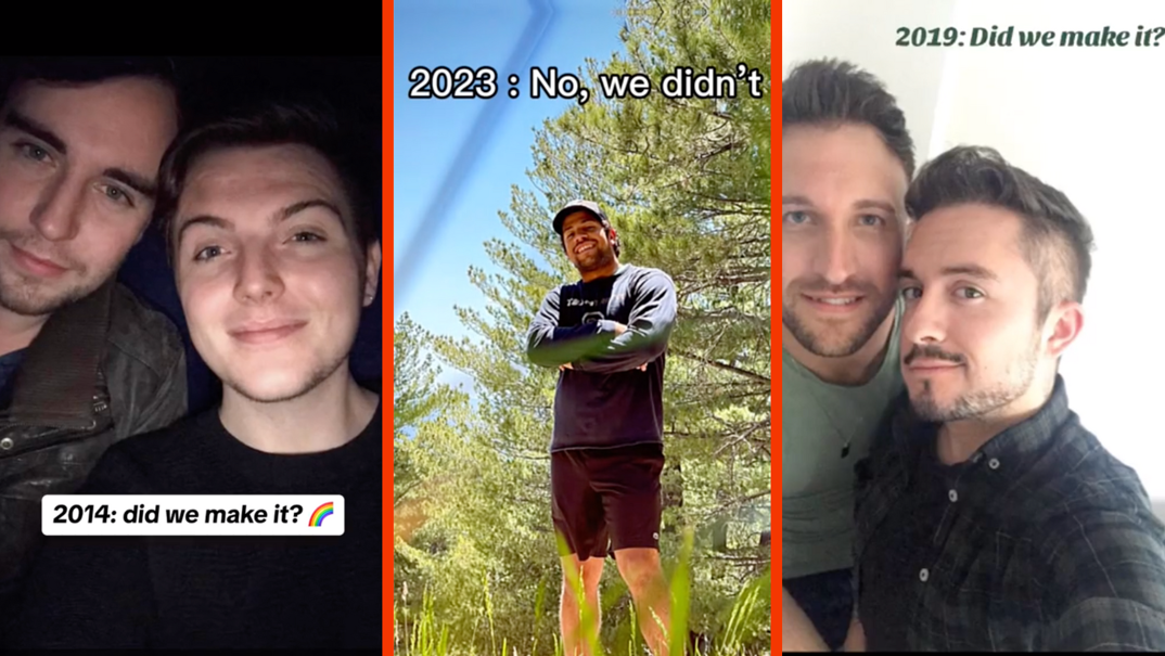 Three-panel image. On the far left, two blonde men in a dark car smile with their faces against each other. They are both blonde and wear dark colored shirts. Text reads: "2014: Did we make it?" from TikTok. In the center, a tall muscular man stands in front of green trees wearing a baseball hat, running shorts, and a long sleeve tee. He smiles underneath text from TikTok that reads: "2023: No, we didn't." On the right, two men with brown beards smile for a selfie with their faces close together in a bright room. Above them, TikTok text reads, "2019: Did we make it?"