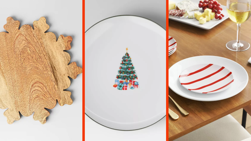 Three-panel image. On the left, a wooden serving board is pictured from a bird's eye view. It is in the shape of a snowflake. In the middle, a simple white plate with a gray border is pictured from a bird's eye view. It has a drawing of a green Christmas tree with colorful ornaments and presents underneath in the center. On the far right, a red and white striped appetizer plate sits on top of a larger white plate. The two are part of an elaborate dining table display, with golden cutlery sticking out of the frame, a glass filled with white wine, and a white tray featuring meats, cheeses, and grapes in the foreground.