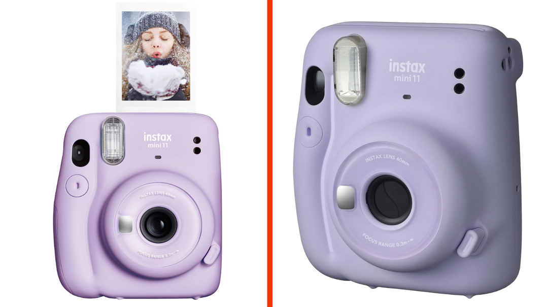 Two-panel image. On the left, a light purple camera with one button and a non-lit flash reading "Instax Mini 11" prints out a photo from the top. On the right, the same camera is pictured at an angle. 