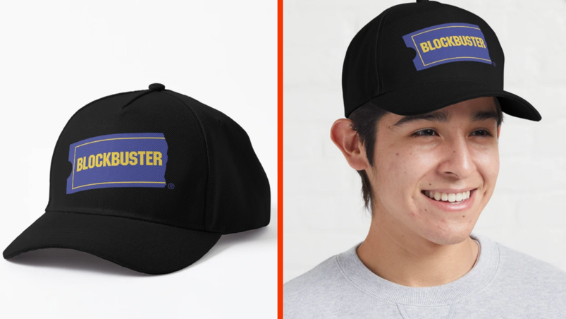Two-panel image. On the left, a black baseball hat with the blue and yellow VHS-tape sized logo for "Blockbuster" sits at an angle. On the right, a young man with dark hair and a gray t-shirt smiles to the side wearing the hat.