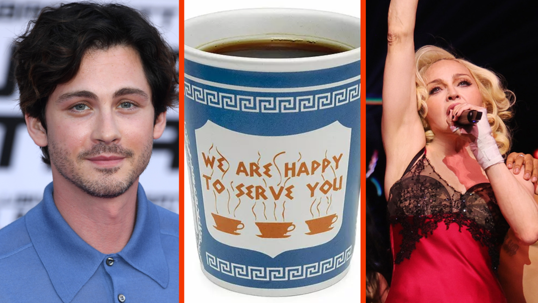 Three-panel image. On the left, Logan Lerman, with curly brown hair and stubble, smiles softly wearing a light blue polo buttoned up. In the middle, a white ceramic Greek coffee cup reading "We Are Happy to Serve You" in golden letters above golden steaming coffee cup illustrations. On the right, Madonna sings with her right arm pointed up. She has tight blonde curls and wears a red and black sparkling top and white gloves.