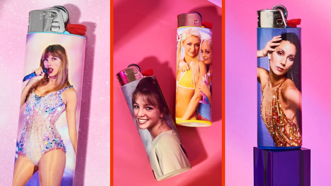 Three-panel image. On the far left, a lighter against a pink background featuring Taylor Swift singing into a microphone in a light pink and purple bodysuit. In the middle, two lighters on a dark pink background. The left lighter features a young Britney Spears smiling against a blue backdrop. The right lighter features Paris Hilton and Nicole Richie in bikini tops hugging from 'The Simple Life' era in the early 2000s. On the far right, a purple lighter stands against a purple background. A young Cher from the '80s touching her long black hair is printed upon it. 